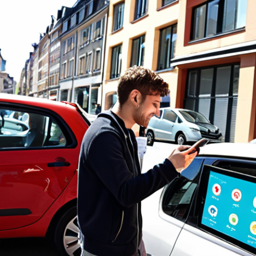 **

A vibrant, modern European city street scene. Focus on a person unlocking a car-sharing vehicle using a smartphone app. In the background, show other car-sharing vehicles parked and available. The overall mood is clean, efficient, and promotes the idea of convenient urban mobility. Include elements like modern architecture and eco-friendly signage. Consider a sunny day to emphasize the positive aspects of this transportation method.

**