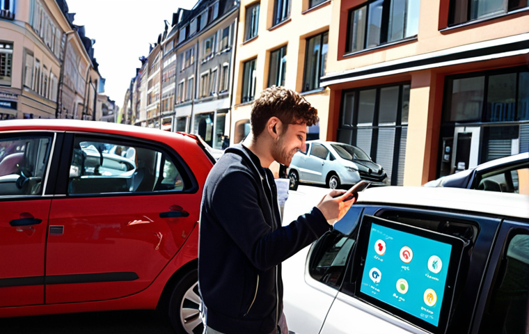 **
A vibrant, modern European city street scene. Focus on a person unlocking a car-sharing vehicle using a smartphone app. In the background, show other car-sharing vehicles parked and available. The overall mood is clean, efficient, and promotes the idea of convenient urban mobility. Include elements like modern architecture and eco-friendly signage. Consider a sunny day to emphasize the positive aspects of this transportation method.
**