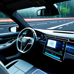 A sleek, modern autonomous car, designed with advanced sensors clearly visible, subtly interacting with transparent digital overlays representing complex data processing and ethical decision trees. The vehicle is positioned on a futuristic, multi-lane highway that subtly blends into a background featuring a global map with interconnected regulatory symbols and legal documents. The scene is illuminated by soft, professional lighting, conveying innovation and responsibility. The image should be professional photography, high quality, featuring perfect anatomy, correct proportions, well-formed hands, proper finger count, and natural body proportions. The content is safe for work, appropriate content, fully clothed, professional, and family-friendly.