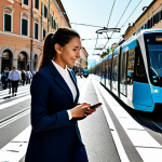 Home 10 A professional individual, fully clothed in modest business casual attire, confidently navigating a bustling, modern Italian city street. They are holding a sleek smartphone displaying a real-time, AI-powered navigation map with dynamic routes and integrated public transport options. In the background, modern trams, shared electric scooters, and pedestrians move seamlessly, illustrating intelligent urban mobility. The scene captures the essence of personalized travel efficiency with perfect anatomy, correct proportions, natural pose, well-formed hands, proper finger count, natural body proportions, professional dress, safe for work, appropriate content, family-friendly, high-quality photography, bright daylight.