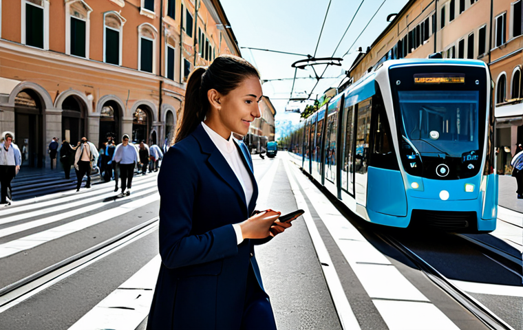 A professional individual, fully clothed in modest business casual attire, confidently navigating a bustling, modern Italian city street. They are holding a sleek smartphone displaying a real-time, AI-powered navigation map with dynamic routes and integrated public transport options. In the background, modern trams, shared electric scooters, and pedestrians move seamlessly, illustrating intelligent urban mobility. The scene captures the essence of personalized travel efficiency with perfect anatomy, correct proportions, natural pose, well-formed hands, proper finger count, natural body proportions, professional dress, safe for work, appropriate content, family-friendly, high-quality photography, bright daylight.