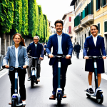 Home 9 A diverse professional, fully clothed in modest business casual attire, confidently rides an electric scooter along a wide, modern bicycle lane in a bustling Italian city. Historic architecture and newly revitalized pedestrianized areas are visible in the background, with other individuals walking or using shared e-bikes. The scene emphasizes urban transformation and efficient, sustainable commuting. safe for work, appropriate content, perfect anatomy, correct proportions, natural pose, well-formed hands, proper finger count, natural body proportions, professional photography, high quality, family-friendly.