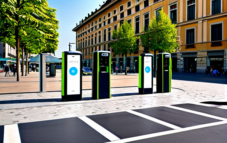 Integrated Charging Station in Urban Setting**

"A modern electric vehicle charging station integrated into a vibrant city square in Milan, Italy. The station is seamlessly blended with the surrounding architecture, featuring sleek design and green landscaping. Pedestrians stroll nearby, enjoying cafes and boutiques. Several electric vehicles are actively charging. The scene should evoke a sense of urban sophistication and sustainability. Include Wi-Fi hotspot signage and comfortable seating area.

Quality modifiers: high resolution, photorealistic, natural lighting, perfect composition, safe for work, appropriate content, fully clothed, professional, family-friendly, perfect anatomy, correct proportions, natural pose, well-formed hands, proper finger count, natural body proportions"

**