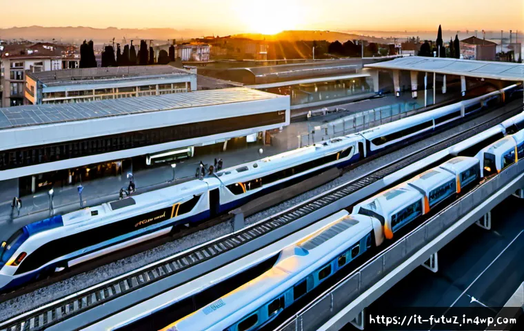 Home 10 전국적인 교통 네트워크의 통합 전략 - Photorealistic aerial view of an integrated Italian transport hub at sunrise, sleek high-speed train...