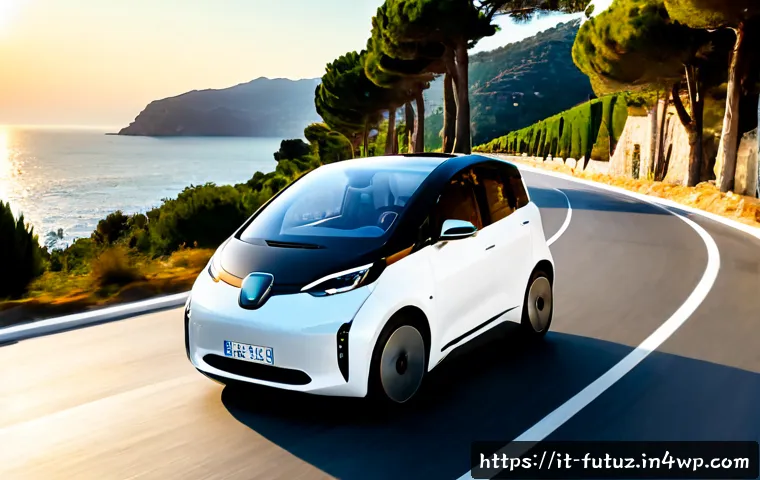 Home 13 전기차와 자율주행의 융합 - Photorealistic electric autonomous car traveling smoothly along a sunlit coastal road near the Itali...